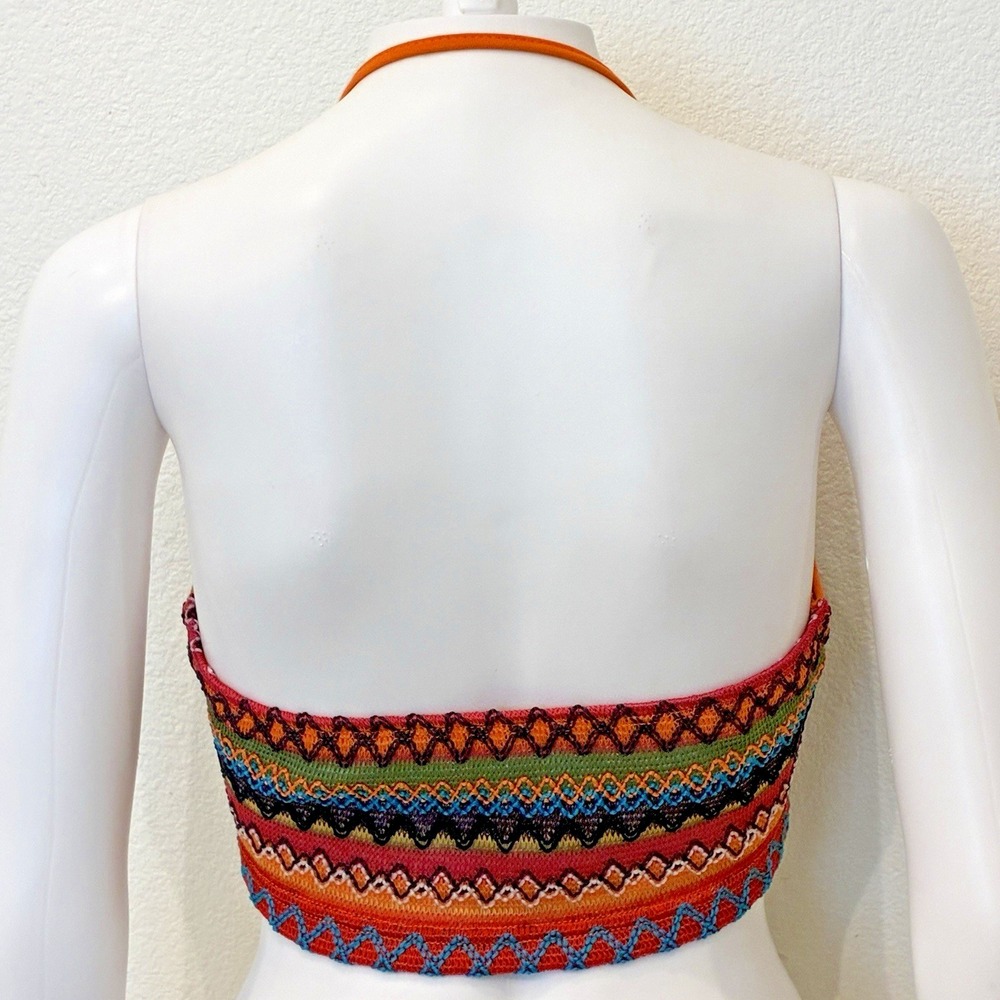 Womens Colorful Knit Crop Halter Top Size S Coastal Beach Boho Hippie Festival - Picture 3 of 7